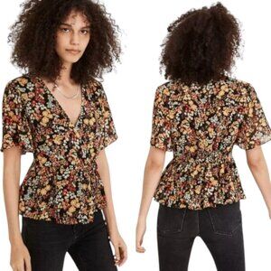 Madewell Black Floral Blouse Faux Wrap Short Sleeves